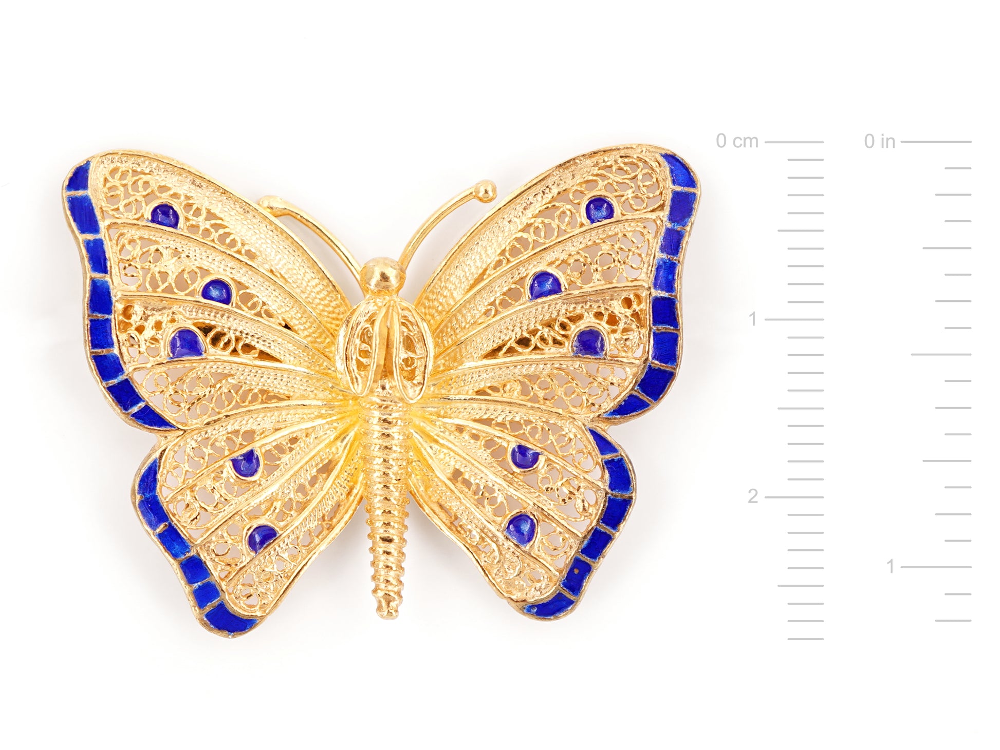 Alfinete Borboleta, Filigrana Portuguesa, Prata de Lei 925 Dourada - Medidas