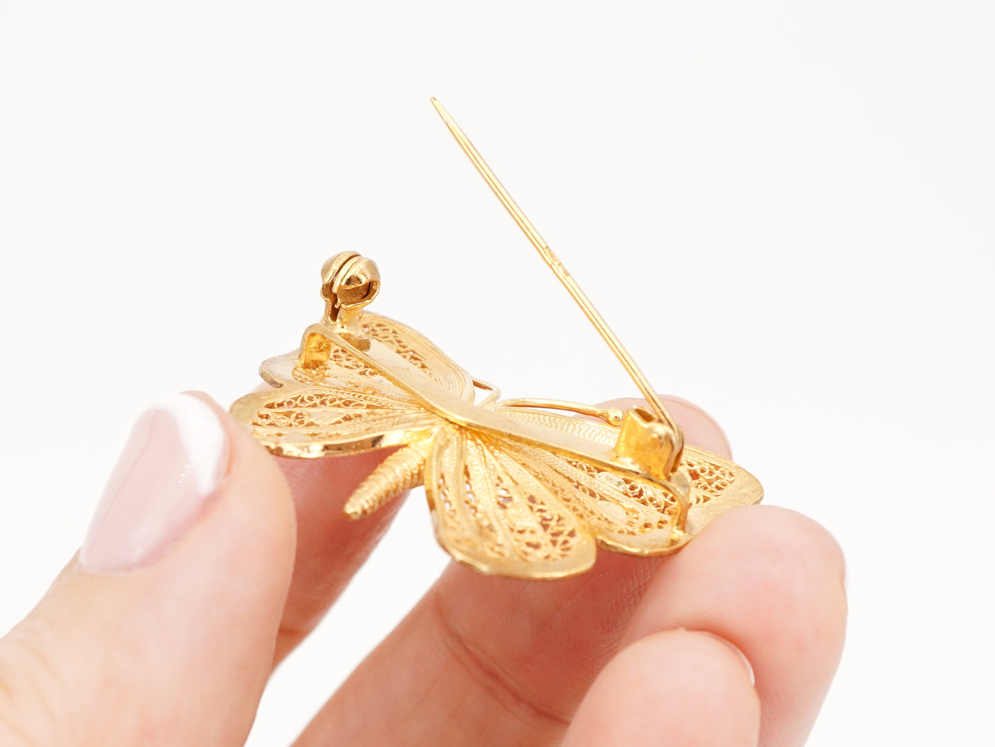 Alfinete Borboleta, Filigrana Portuguesa, Prata de Lei 925 Dourada - Pormenor Vista de Trás