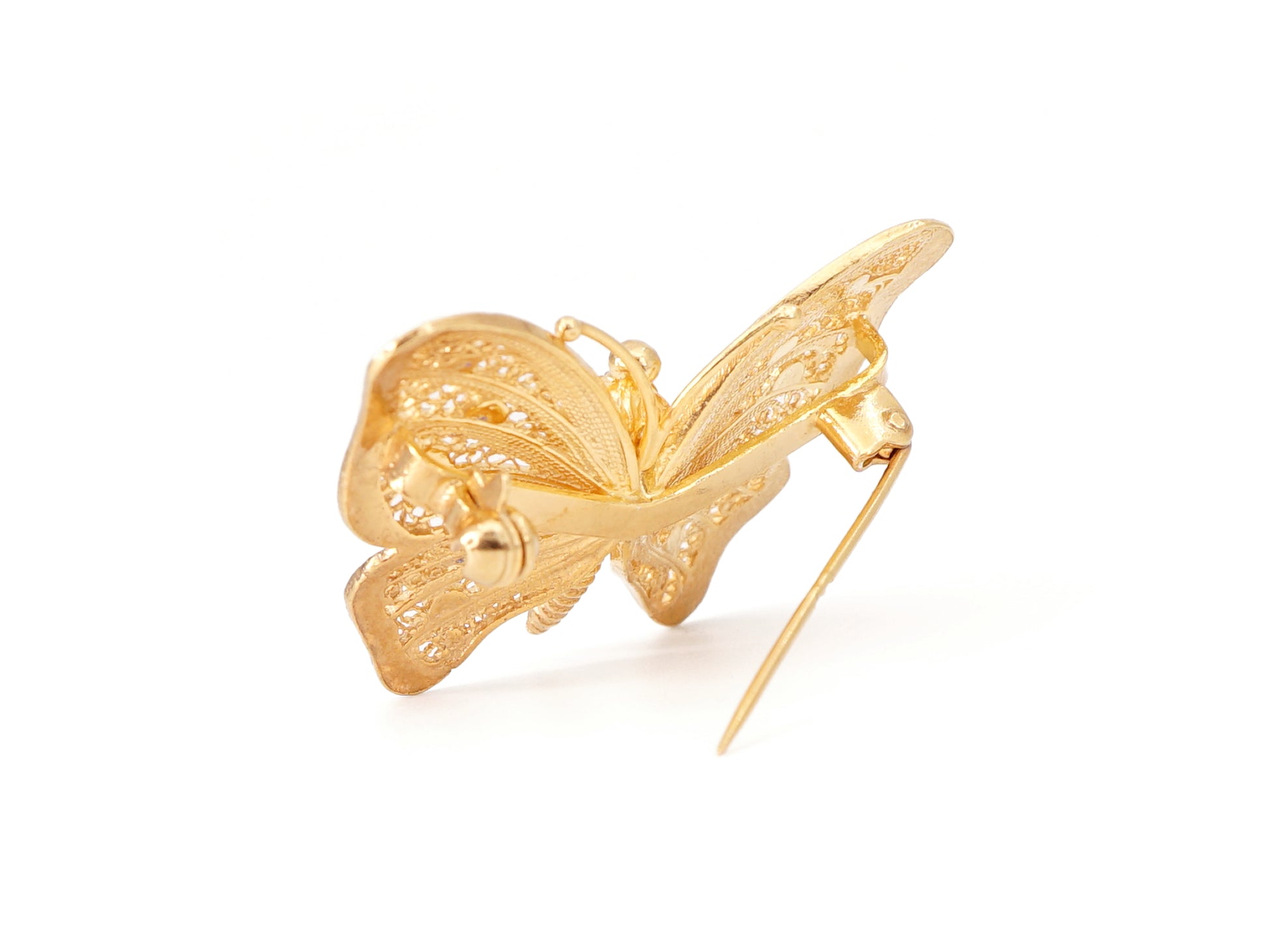 Alfinete Borboleta, Filigrana Portuguesa, Prata de Lei 925 Dourada - Vista de Trás