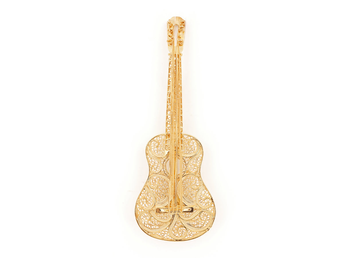 Alfinete Guitarra Clássica Grande, Filigrana Portuguesa, Prata de Lei 925 Dourada - Vista de Frente