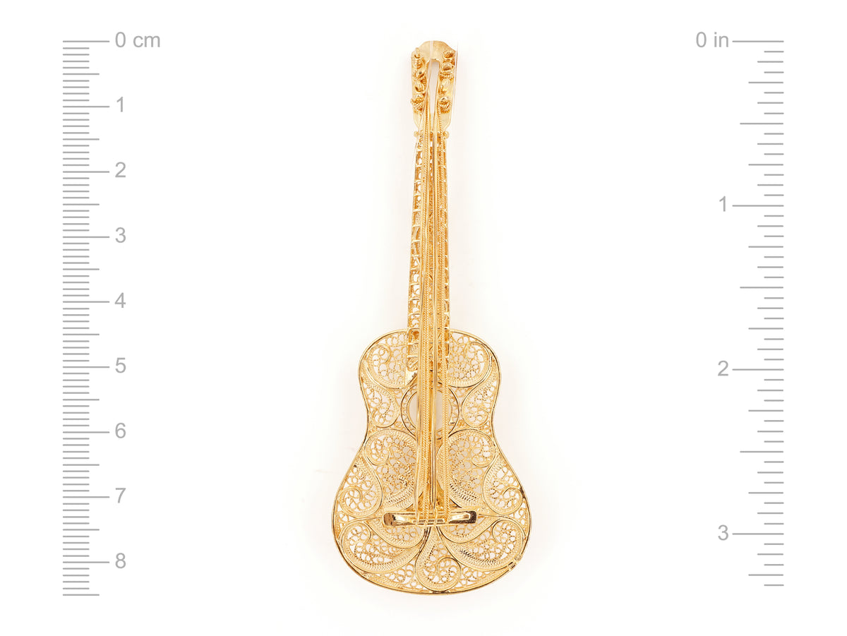 Alfinete Guitarra Clássica Grande, Filigrana Portuguesa, Prata de Lei 925 Dourada - Medidas