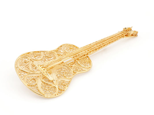 Alfinete Guitarra Clássica Grande, Filigrana Portuguesa, Prata de Lei 925 Dourada