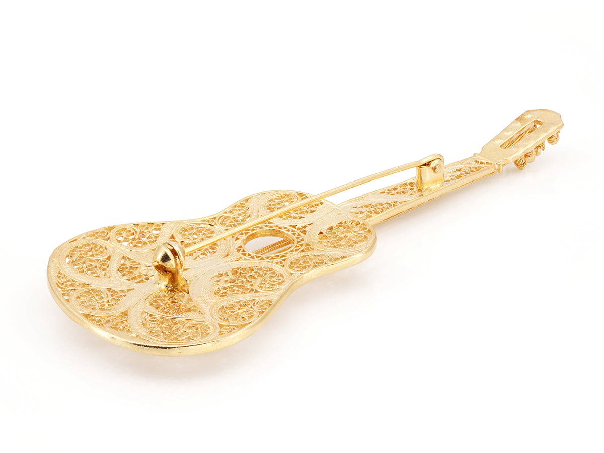 Alfinete Guitarra Clássica Grande, Filigrana Portuguesa, Prata de Lei 925 Dourada - Vista de Trás