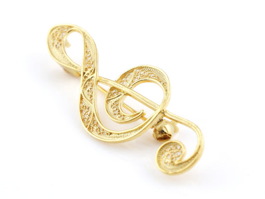 Alfinete Clave de Sol, Filigrana Portuguesa, Prata de Lei 925 Dourada