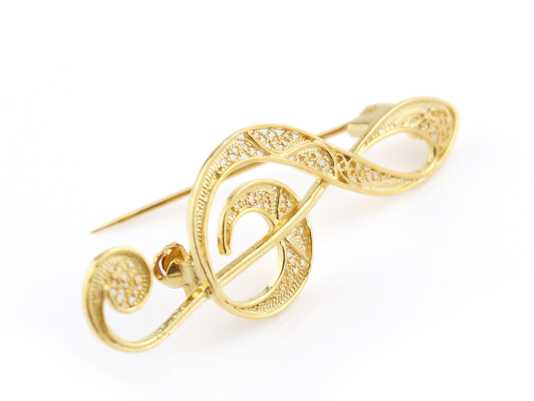 Alfinete Clave de Sol, Filigrana Portuguesa, Prata de Lei 925 Dourada - Perspectiva