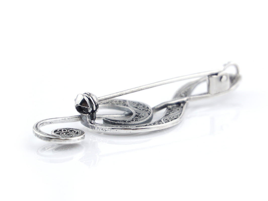 Alfinete Clave de Sol, Filigrana Portuguesa, Prata de Lei 925 - Perspectiva, Vista de Trás