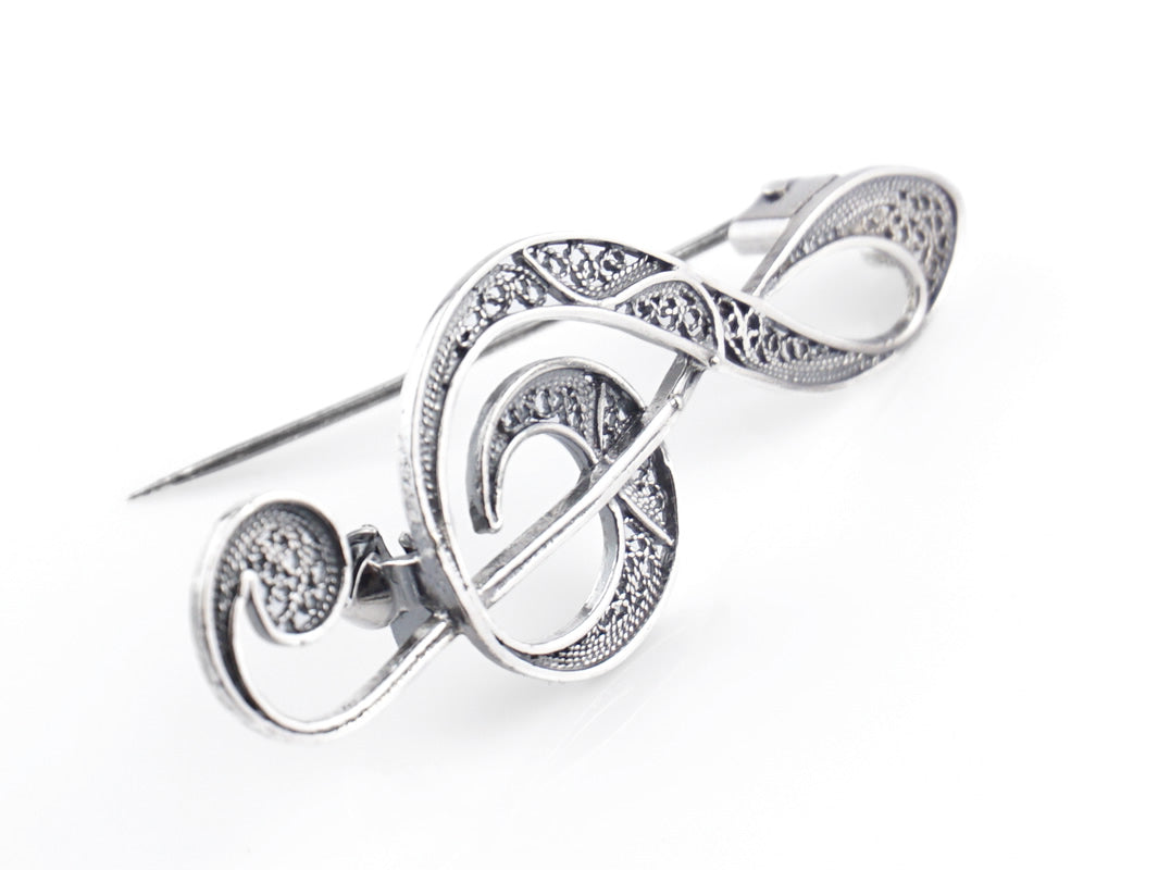 Alfinete Clave de Sol, Filigrana Portuguesa, Prata de Lei 925 - Perspectiva, Pormenor Alfinete Aberto