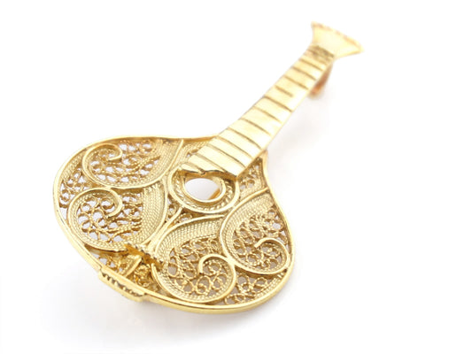 Alfinete Fado Guitarra Portuguesa, Filigrana Portuguesa, Prata de Lei 925 Dourada