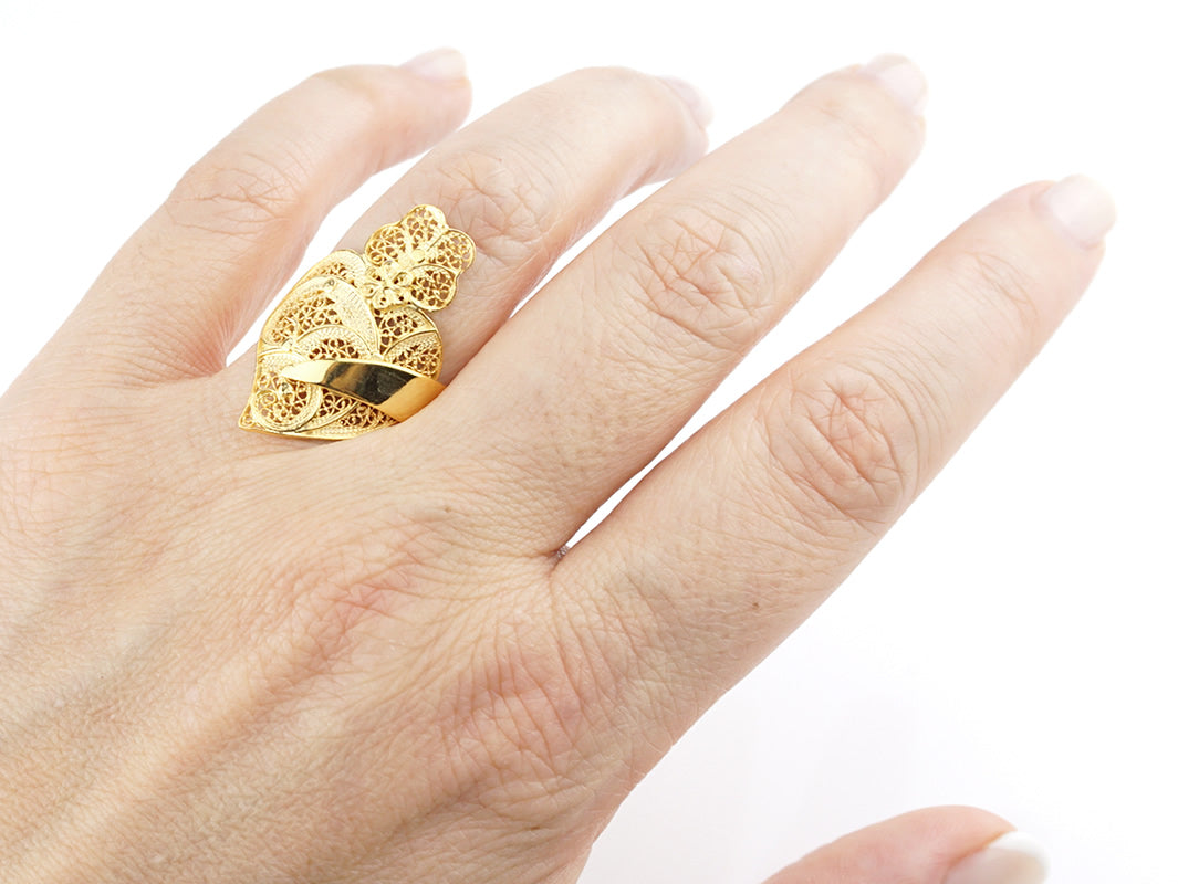 Anel Coração Minhoto ajustável, Filigrana Portuguesa, Prata de Lei 925 Dourada - Anel no dedo