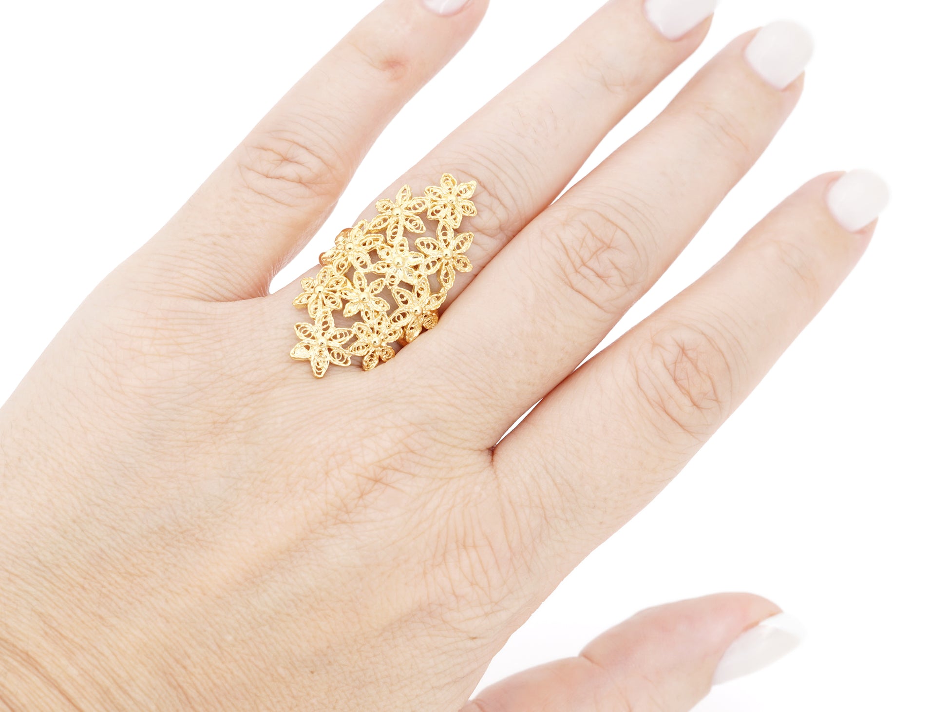 Anel Flores Pequenas Ajustável, Filigrana Portuguesa, Prata de Lei 925 Dourada - Anel no dedo