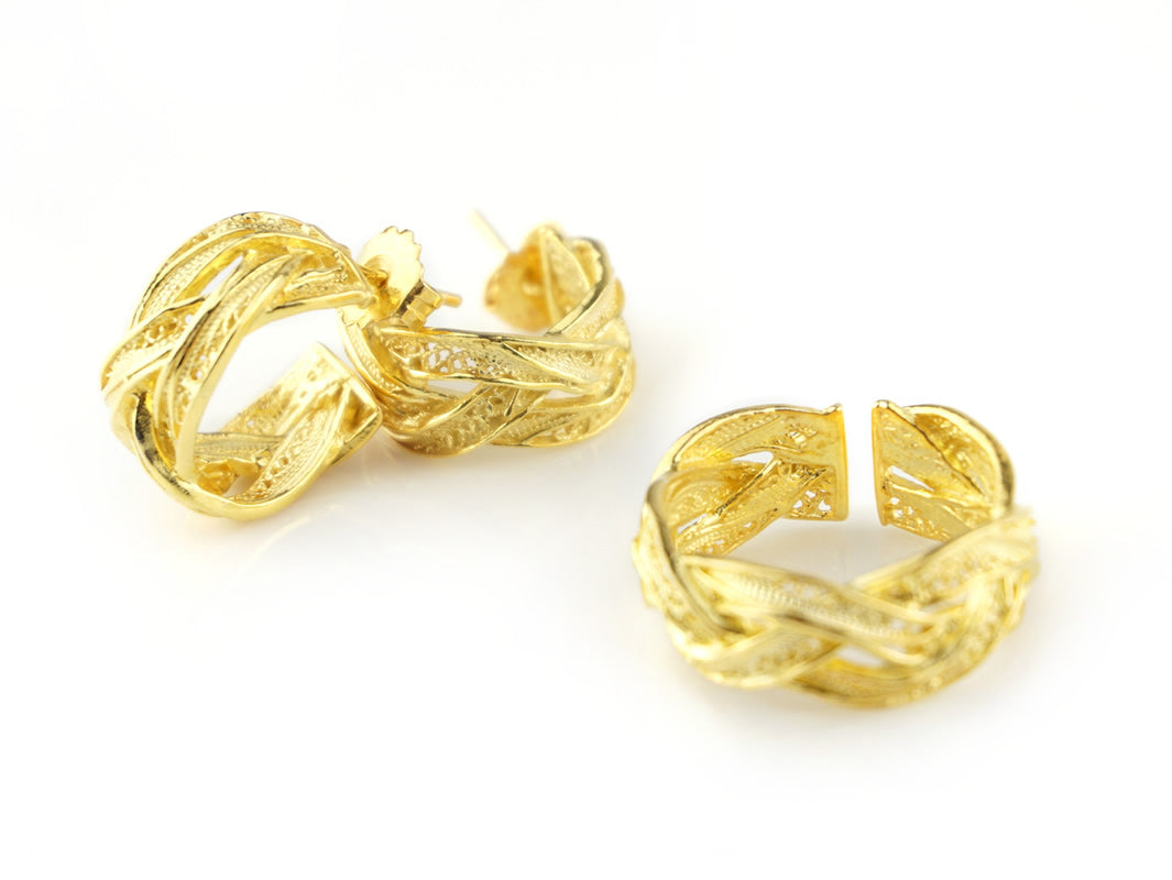 Conjunto Argolas e Anel Entrançados, Filigrana Portuguesa, Prata Dourada 925