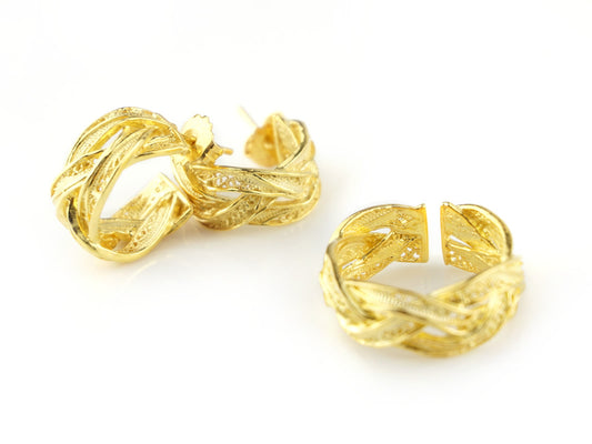 Conjunto Argolas e Anel Entrançados, Filigrana Portuguesa, Prata Dourada 925