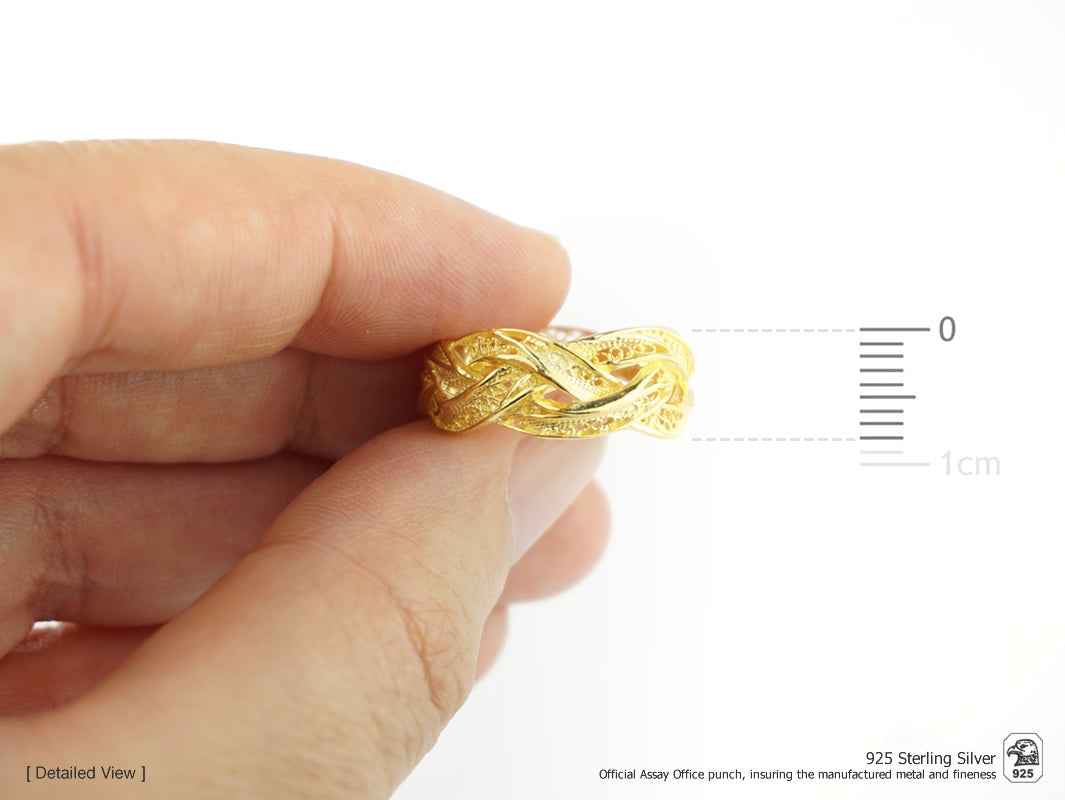Anel Entrançado ajustável, Filigrana Portuguesa, Prata Dourada 925 - Altura do Anel