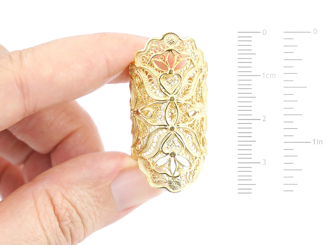 Anel Clássico ajustável, Filigrana Portuguesa, Prata de Lei 925 Dourada - Medidas