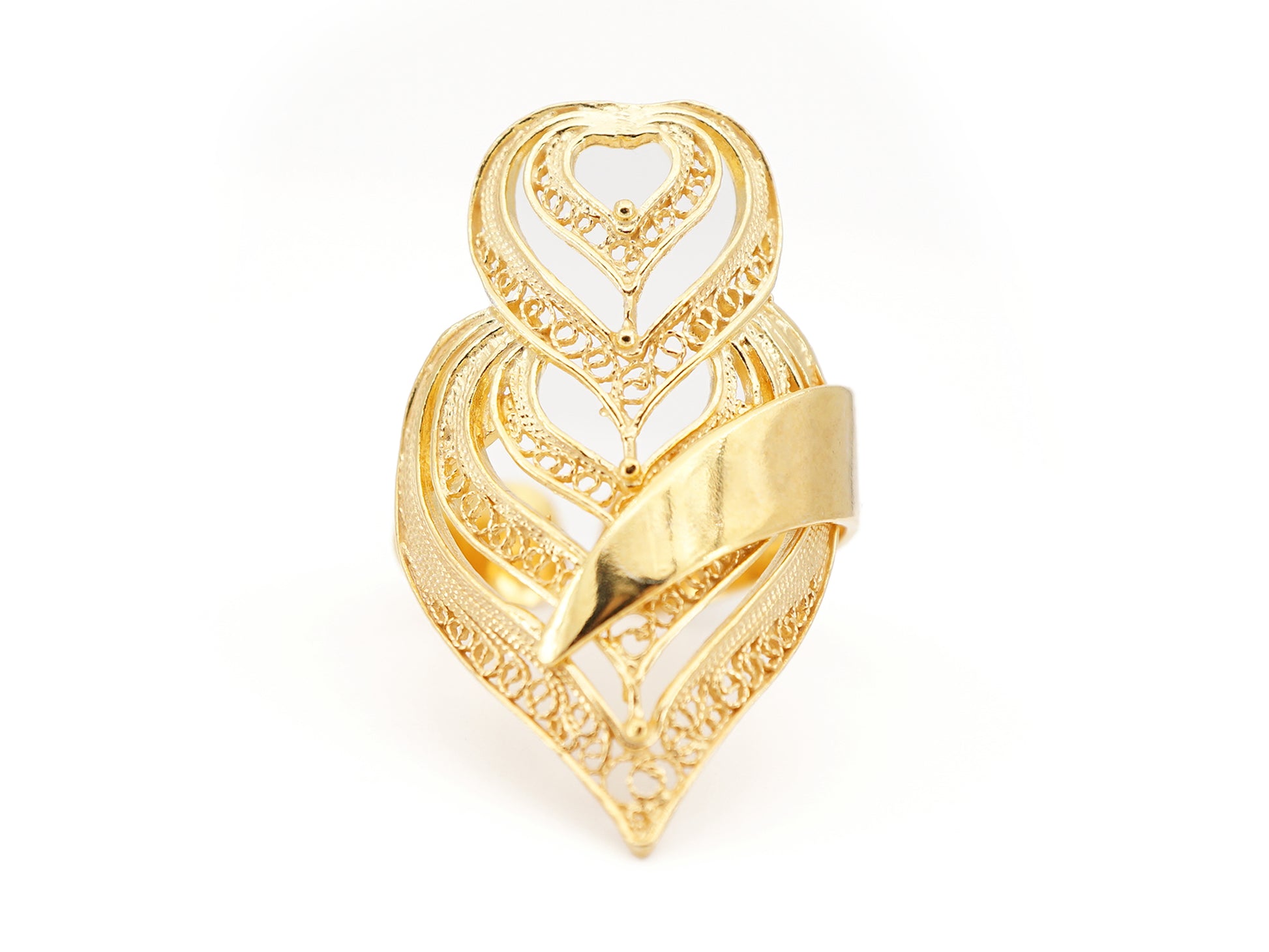 Anel Coração de Viana Camadas, Filigrana Portuguesa, Prata de Lei 925 Dourada - Vista de Frente