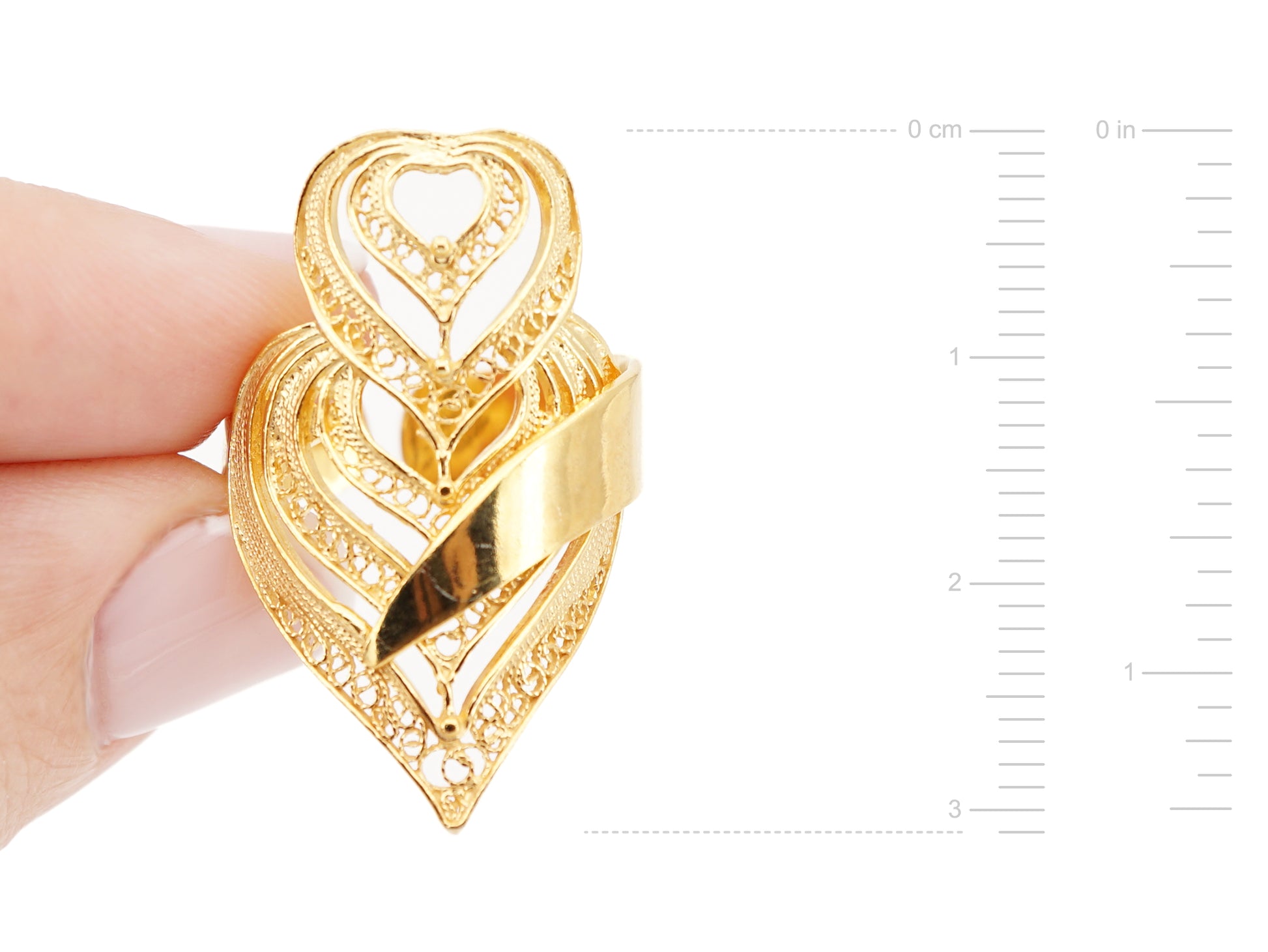 Anel Coração de Viana Camadas, Filigrana Portuguesa, Prata de Lei 925 Dourada - Medidas