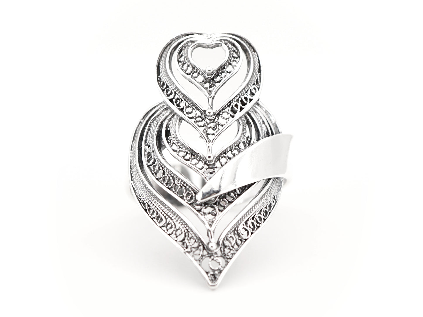 Anel Coração de Viana Camadas, Filigrana Portuguesa, Prata de Lei 925 - Vista de Frente