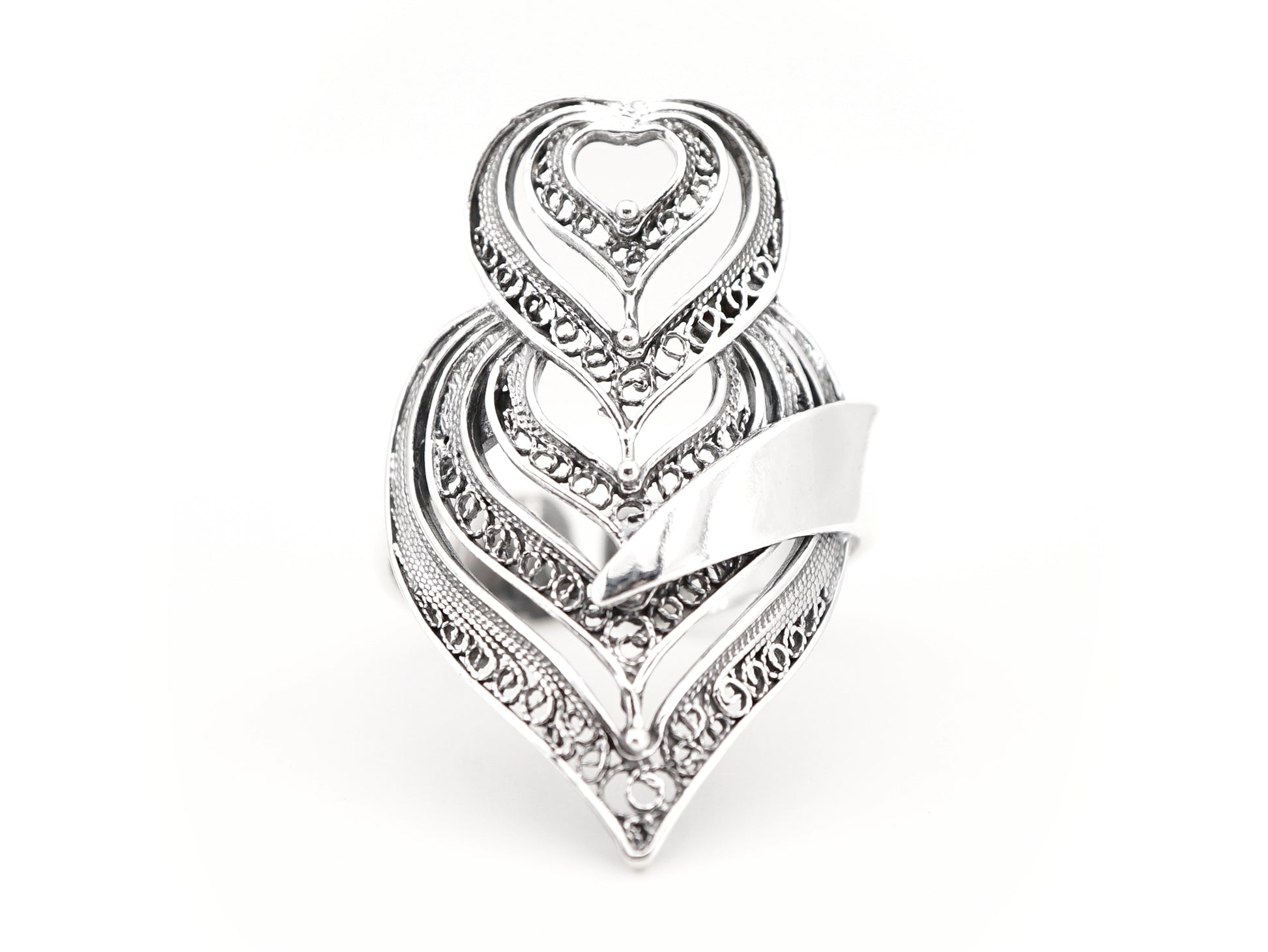 Anel Coração de Viana Camadas, Filigrana Portuguesa, Prata de Lei 925 - Vista de Frente