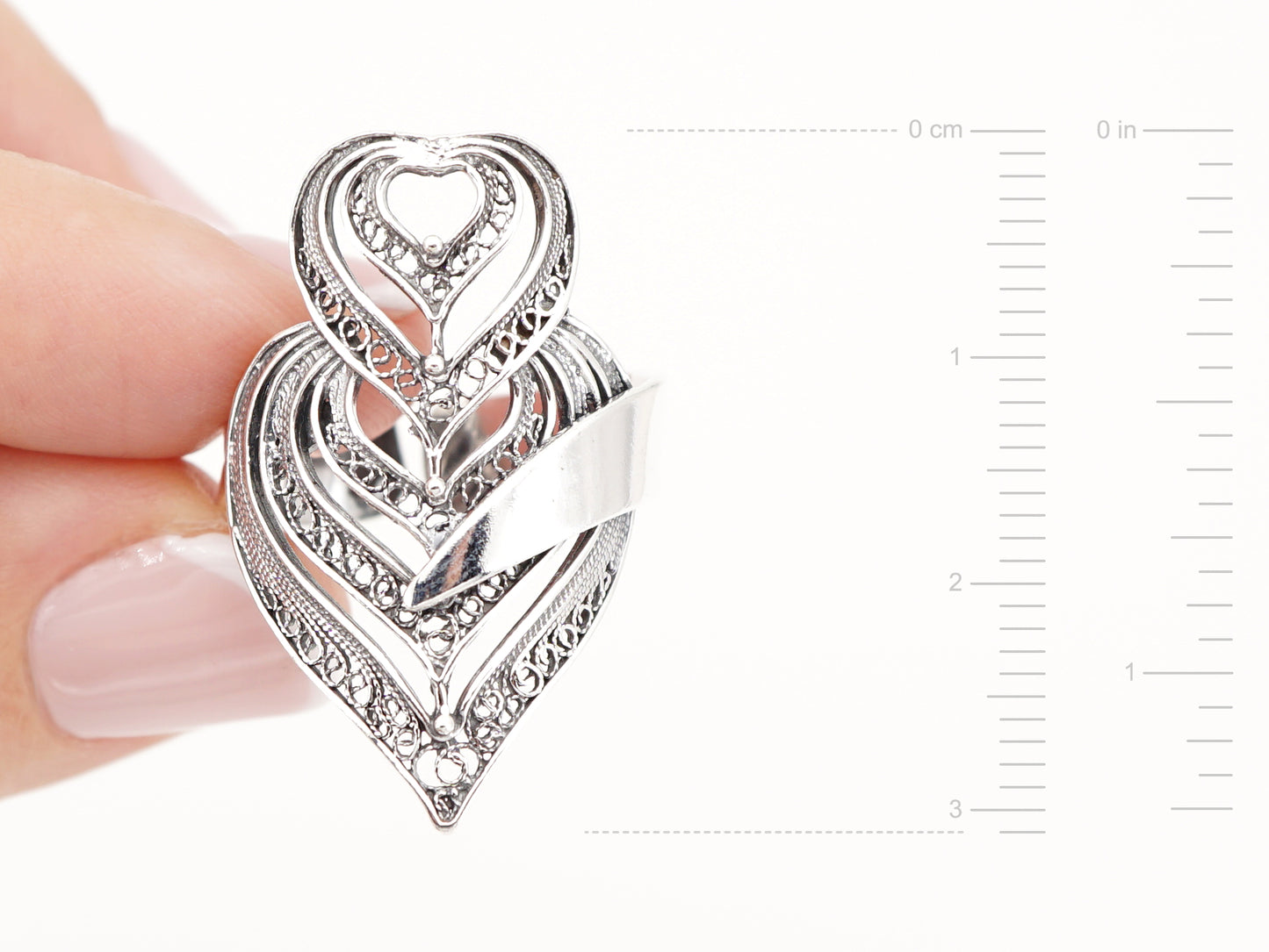 Anel Coração de Viana Camadas, Filigrana Portuguesa, Prata de Lei 925 - Medidas