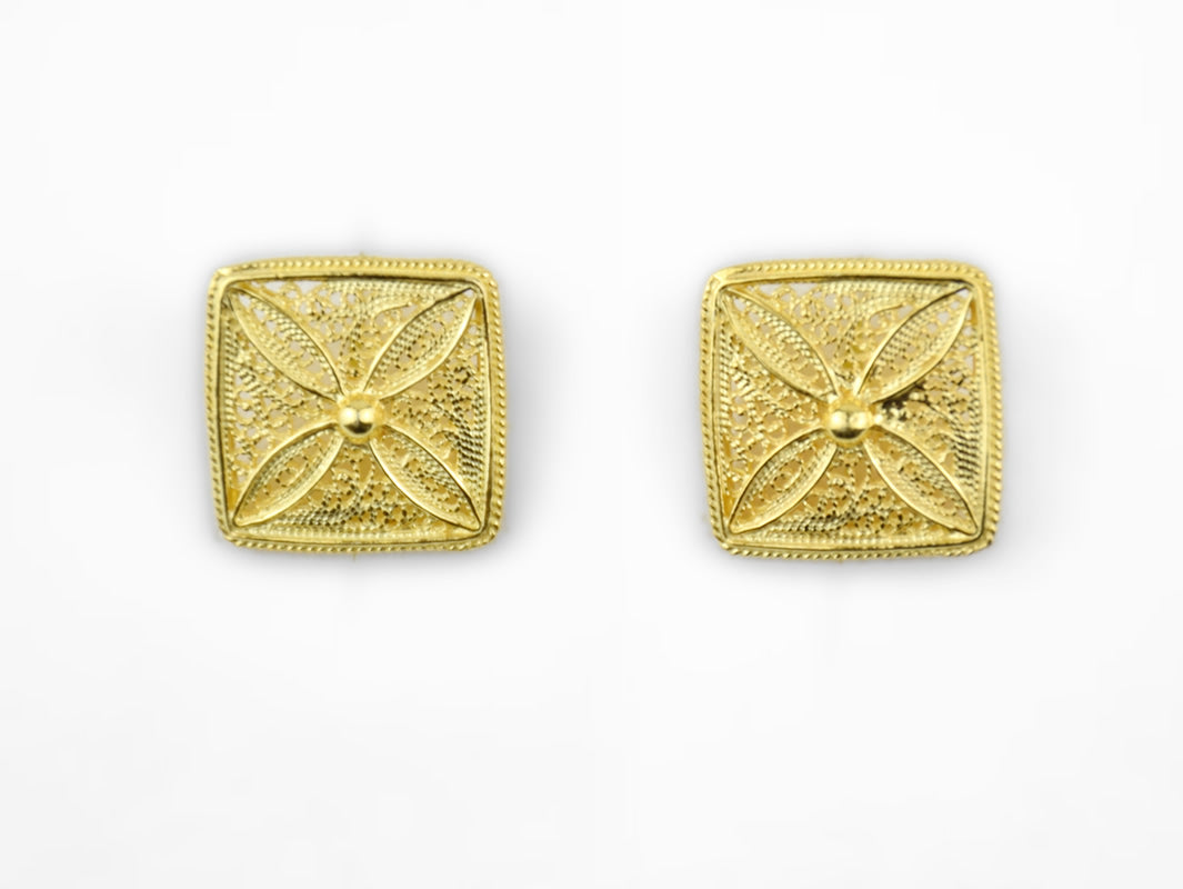 Botões de Punho Quadrados, Filigrana Portuguesa, Prata de Lei 925 Dourada - Vista de frente
