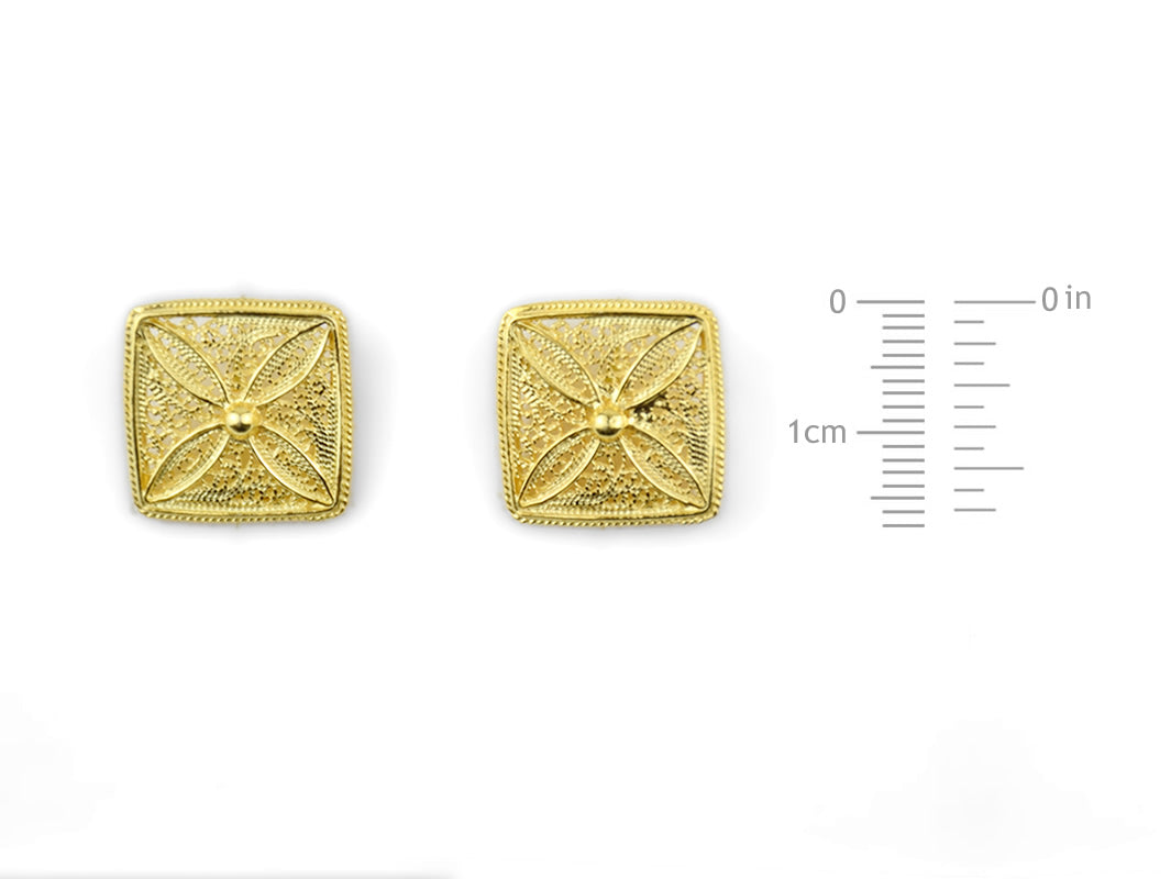 Botões de Punho Quadrados, Filigrana Portuguesa, Prata de Lei 925 Dourada - Medidas