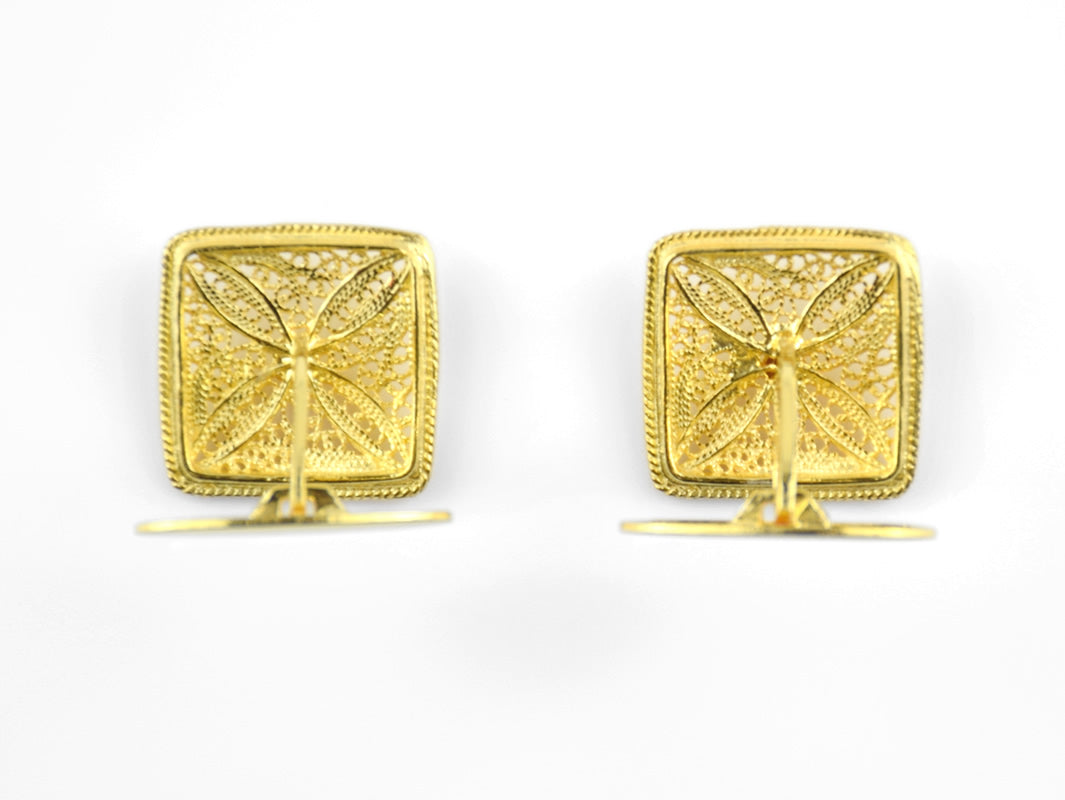 Botões de Punho Quadrados, Filigrana Portuguesa, Prata de Lei 925 Dourada - Vista de topo