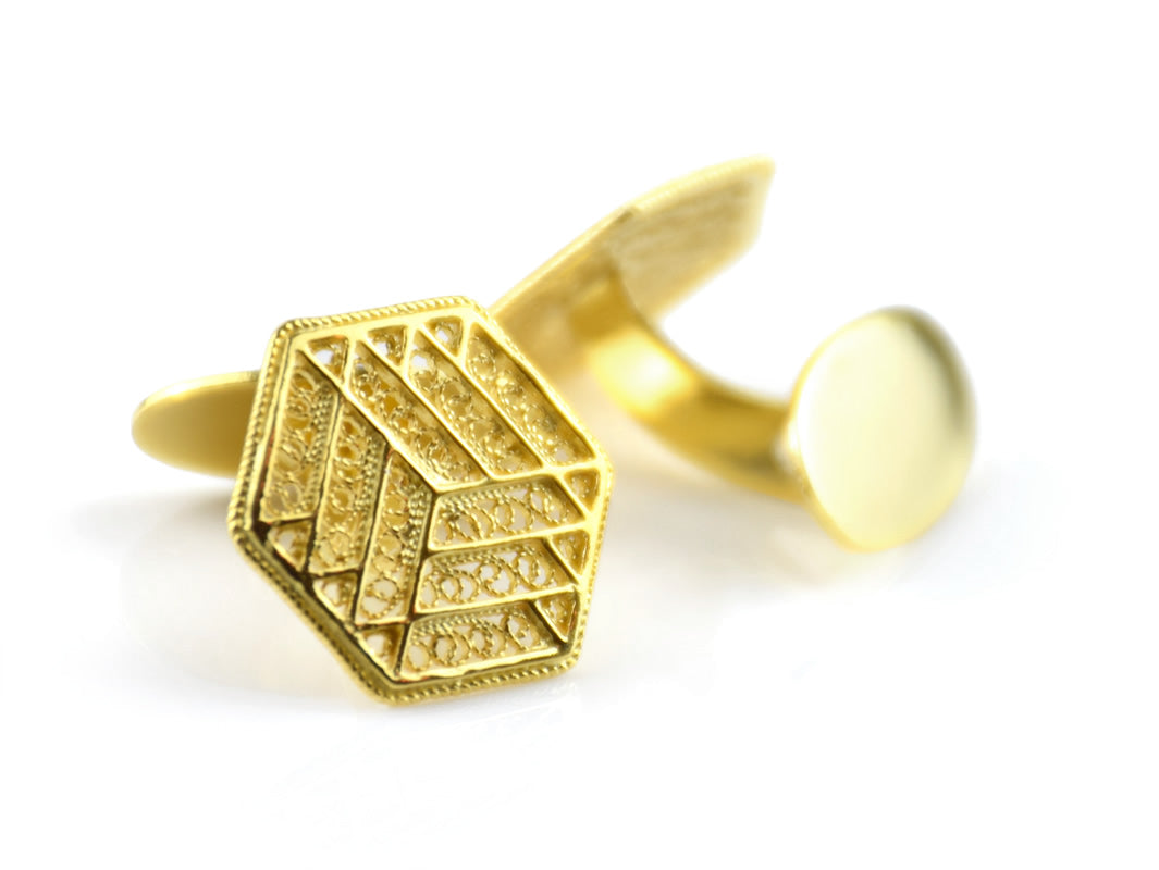 Botões de Punho Hexagonais, Filigrana Portuguesa, Prata de Lei 925 Dourada