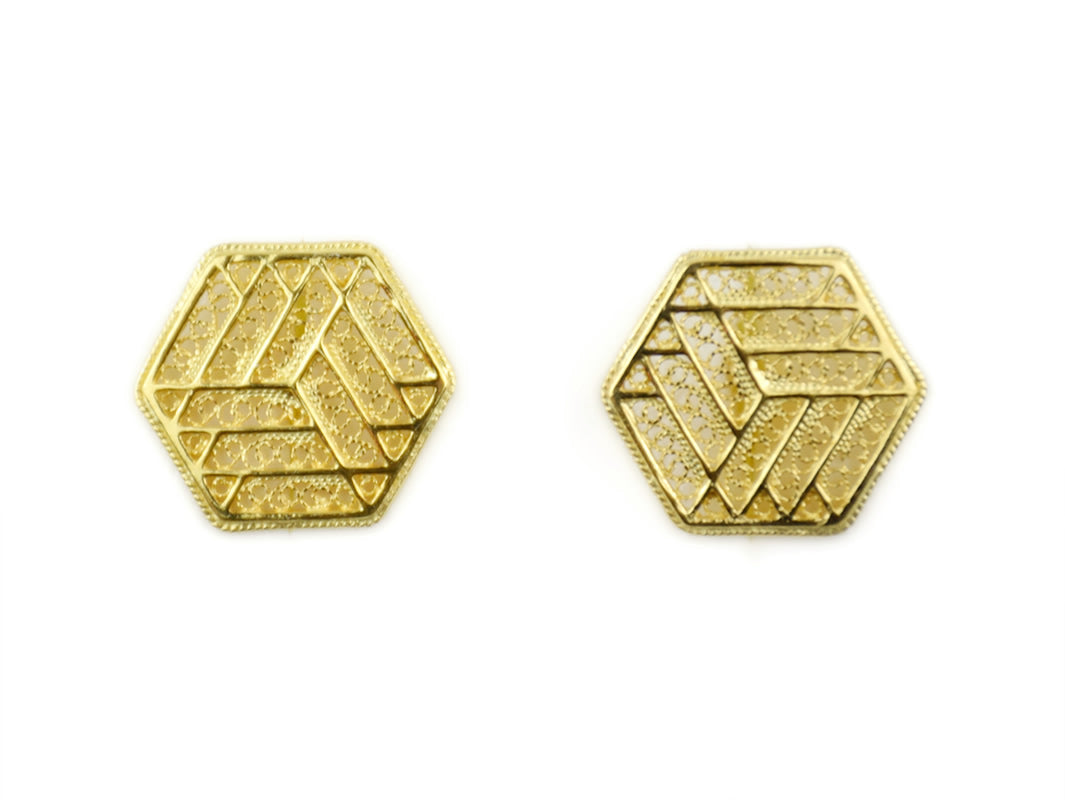 Botões de Punho Hexagonais, Filigrana Portuguesa, Prata de Lei 925 Dourada - Vista de Frente