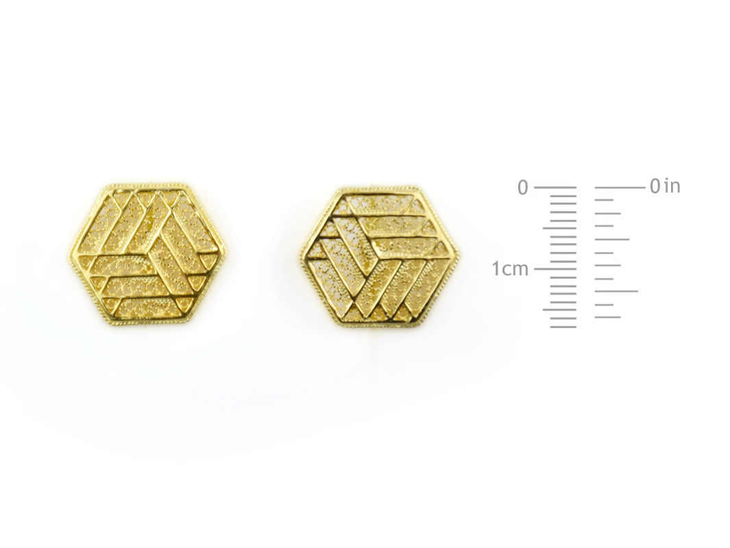 Botões de Punho Hexagonais, Filigrana Portuguesa, Prata de Lei 925 Dourada - Medidas