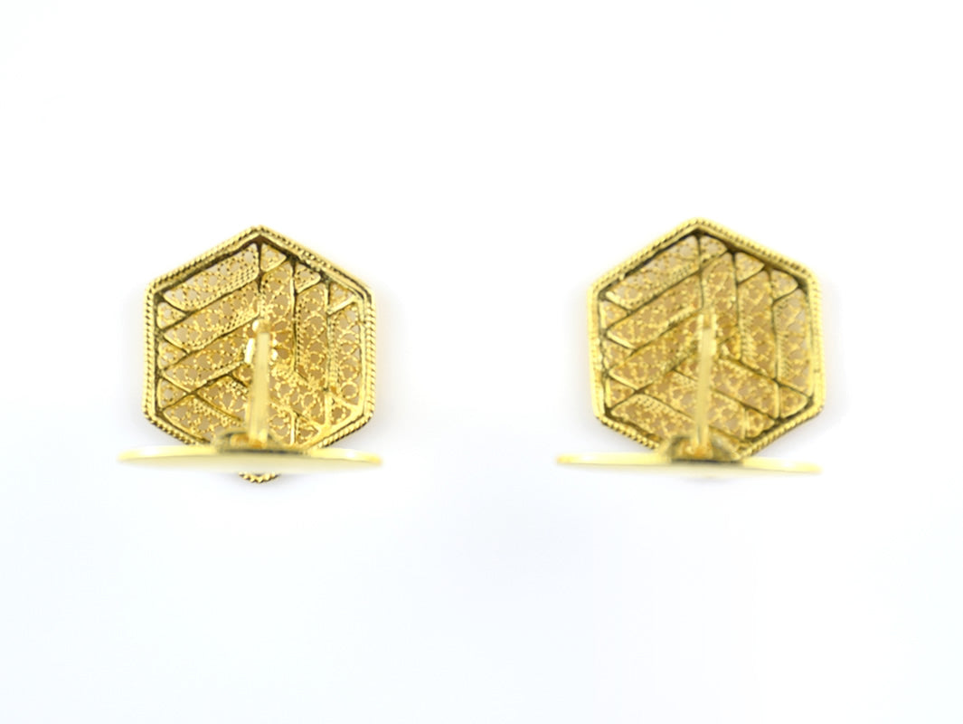 Botões de Punho Hexagonais, Filigrana Portuguesa, Prata de Lei 925 Dourada - Vista de Trás