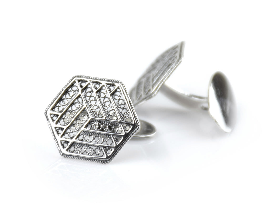 Botões de Punho Hexagonais, Filigrana Portuguesa, Prata de Lei 925