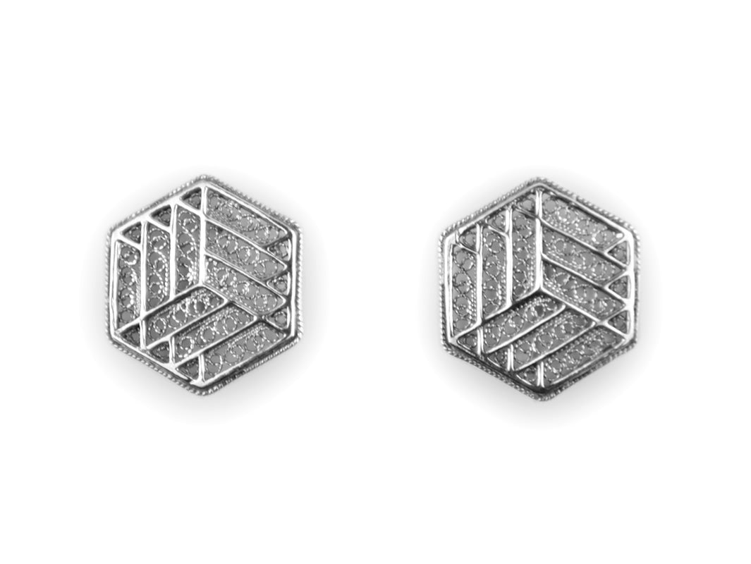 Botões de Punho Hexagonais, Filigrana Portuguesa, Prata de Lei 925 - Vista de Frente