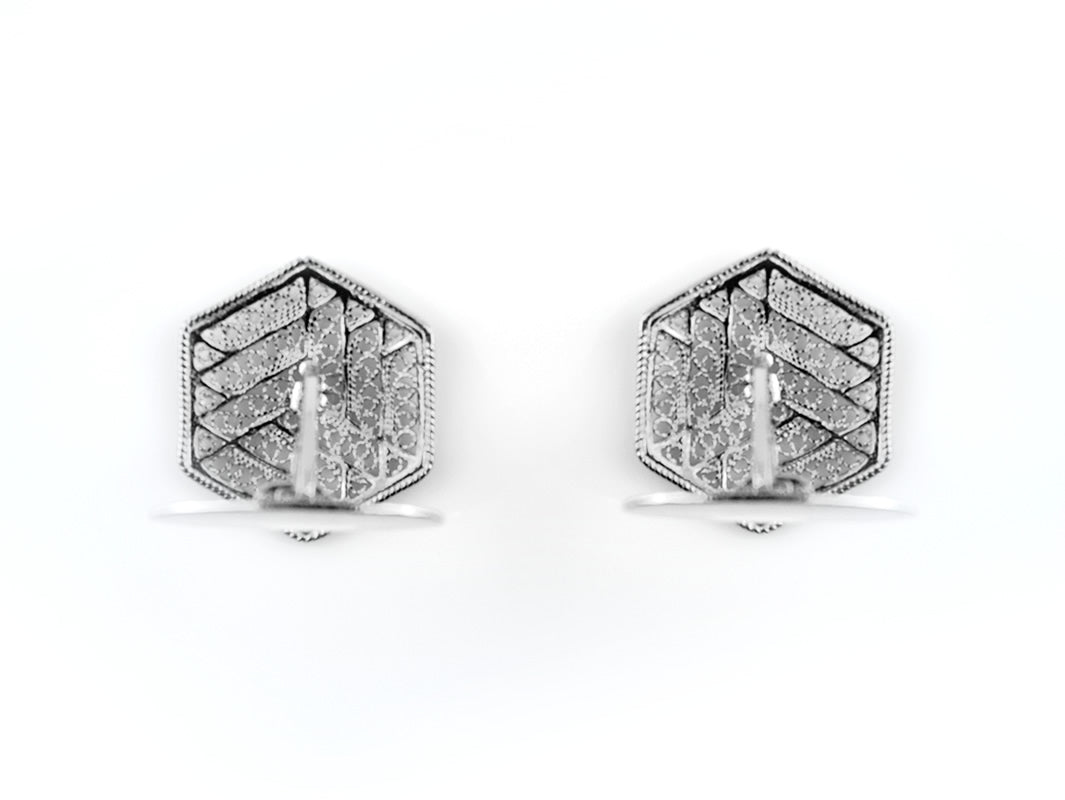 Botões de Punho Hexagonais, Filigrana Portuguesa, Prata de Lei 925- Vista de Trás