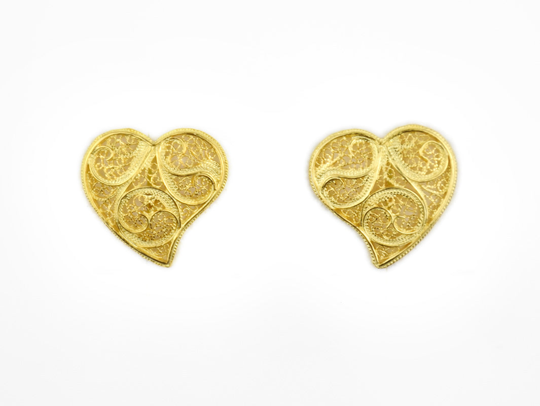 Botões de Punho Coração Tradicional, Filigrana Portuguesa, Prata de Lei 925 Dourada - Vista de frente
