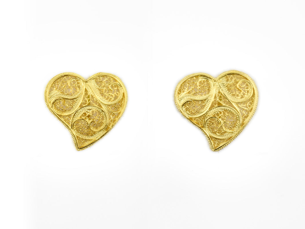 Botões de Punho Coração Tradicional, Filigrana Portuguesa, Prata de Lei 925 Dourada - Vista de frente