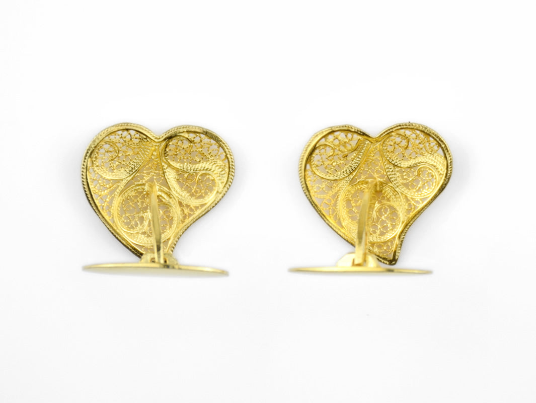 Botões de Punho Coração Tradicional, Filigrana Portuguesa, Prata de Lei 925 Dourada - Vista de topo