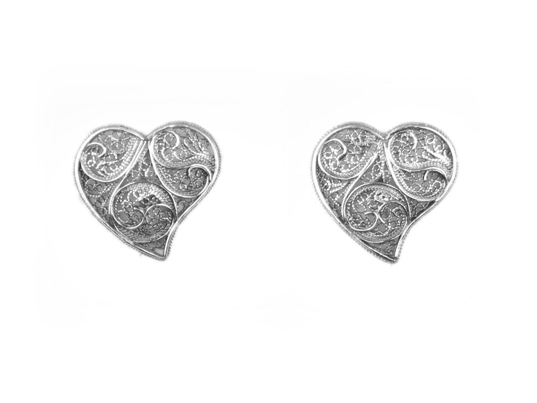 Botões de Punho Coração Tradicional, Filigrana Portuguesa, Prata de Lei 925 - Vista de frente