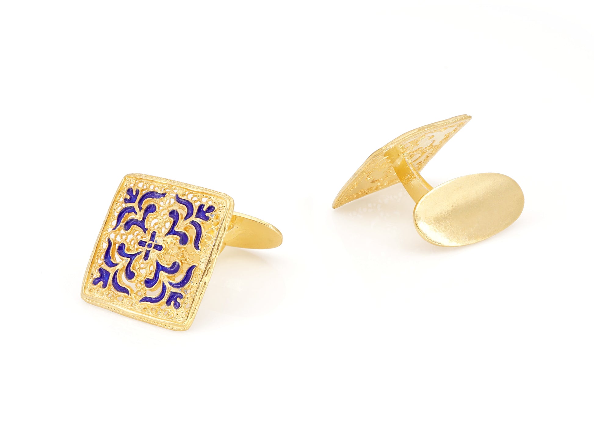 Botões de Punho Azulejos Quadrados, Filigrana Portuguesa, Prata de Lei 925 Dourada - Perspectiva, Vista  de Frente e Vista de Trás