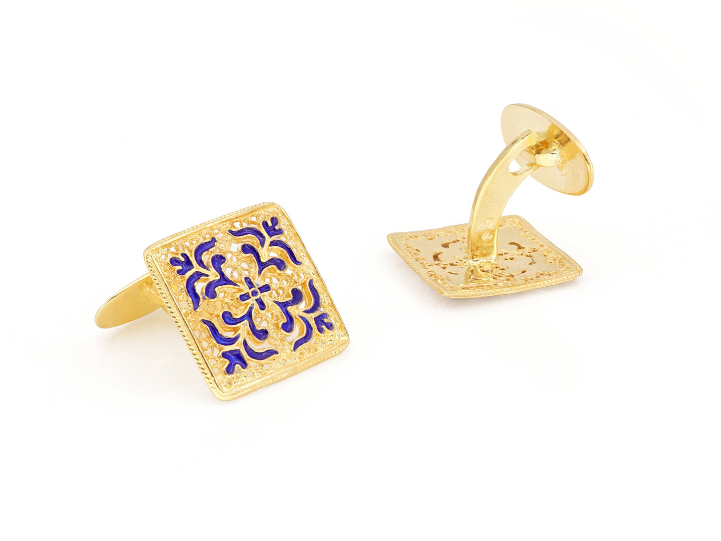 Botões de Punho Azulejos Quadrados, Filigrana Portuguesa, Prata de Lei 925 Dourada - Perspectiva, Vista  de Frente e Vista de Trás
