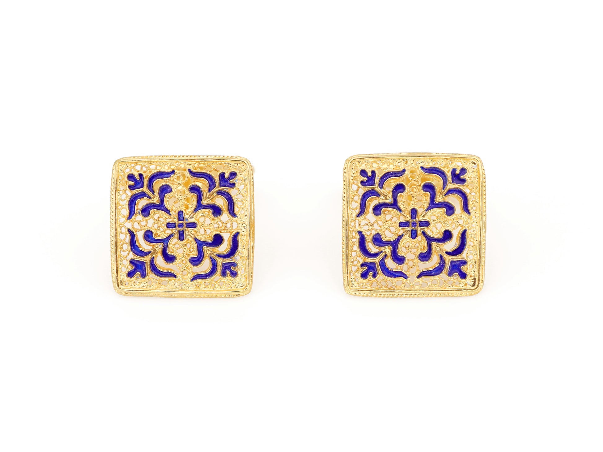 Botões de Punho Azulejos Quadrados, Filigrana Portuguesa, Prata de Lei 925 Dourada - Vista de Frente