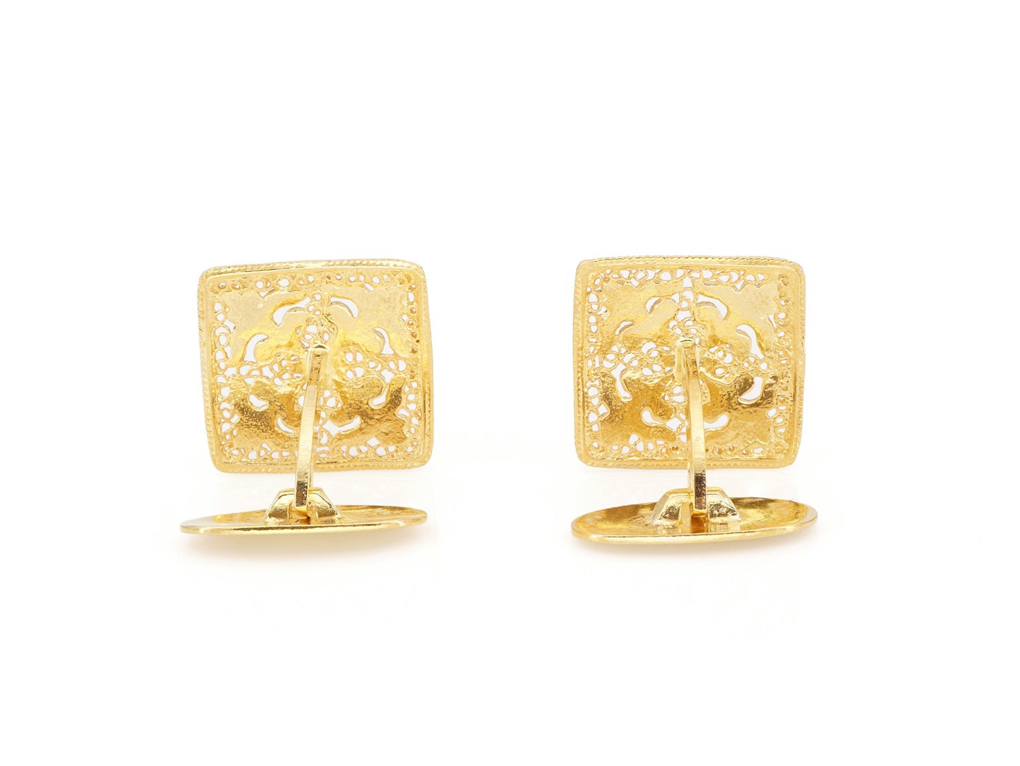 Botões de Punho Azulejos Quadrados, Filigrana Portuguesa, Prata de Lei 925 Dourada - Vista de Trás