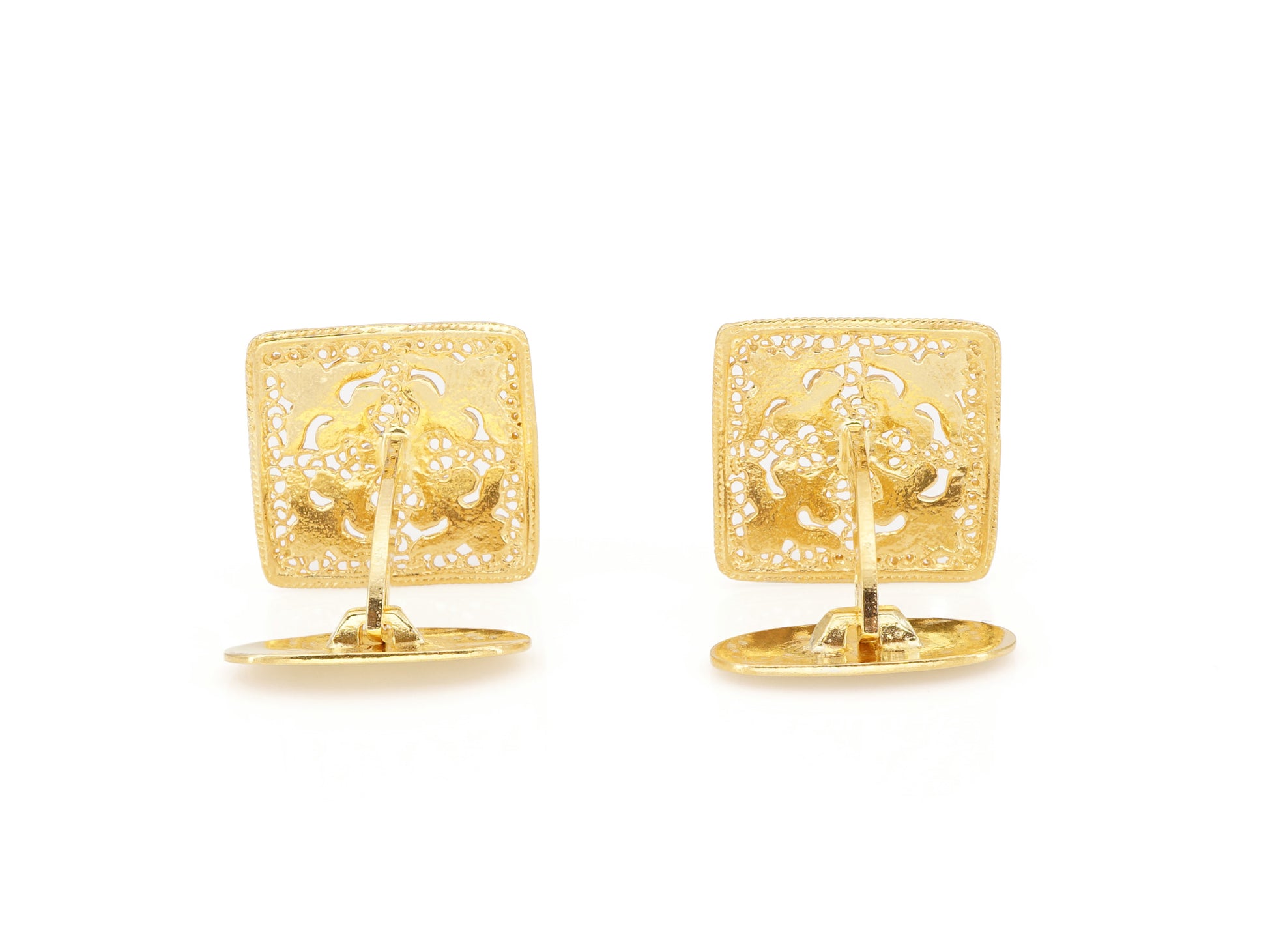 Botões de Punho Azulejos Quadrados, Filigrana Portuguesa, Prata de Lei 925 Dourada - Vista de Trás