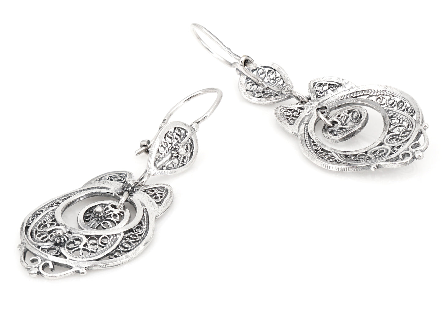 Brincos Vianense Pequenos, Filigrana Portuguesa, Prata de Lei 925 - Perspectiva, Vista de Frente e Vista de Trás