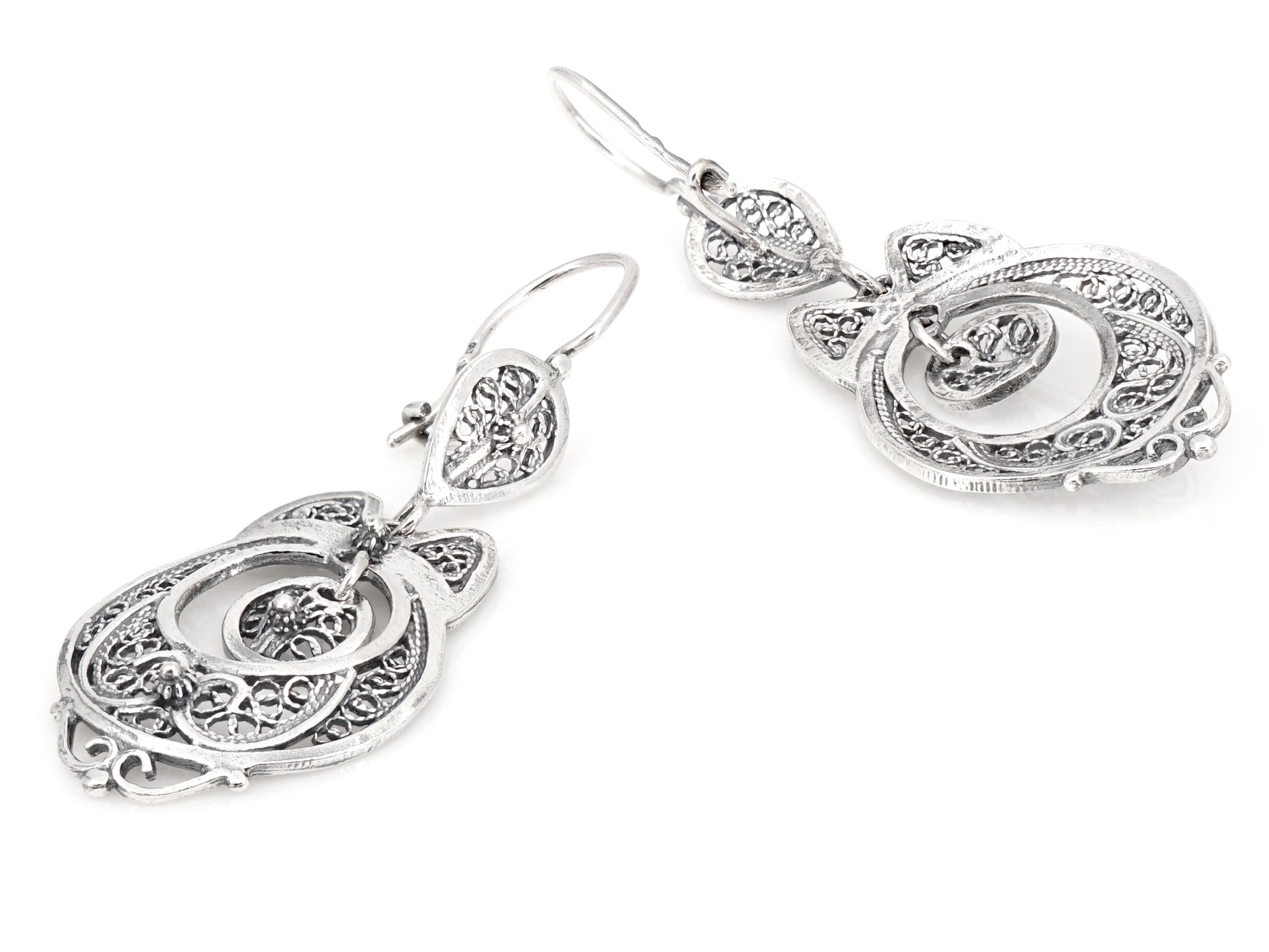 Brincos Vianense Pequenos, Filigrana Portuguesa, Prata de Lei 925 - Perspectiva, Vista de Frente e Vista de Trás