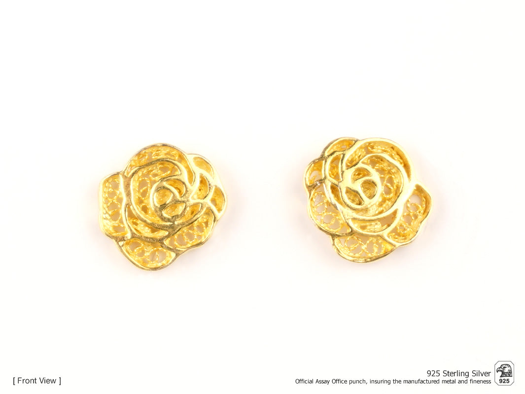Brincos Rosas Pequenas, Filigrana Portuguesa, Prata de Lei 925 Dourada - Vista de frente