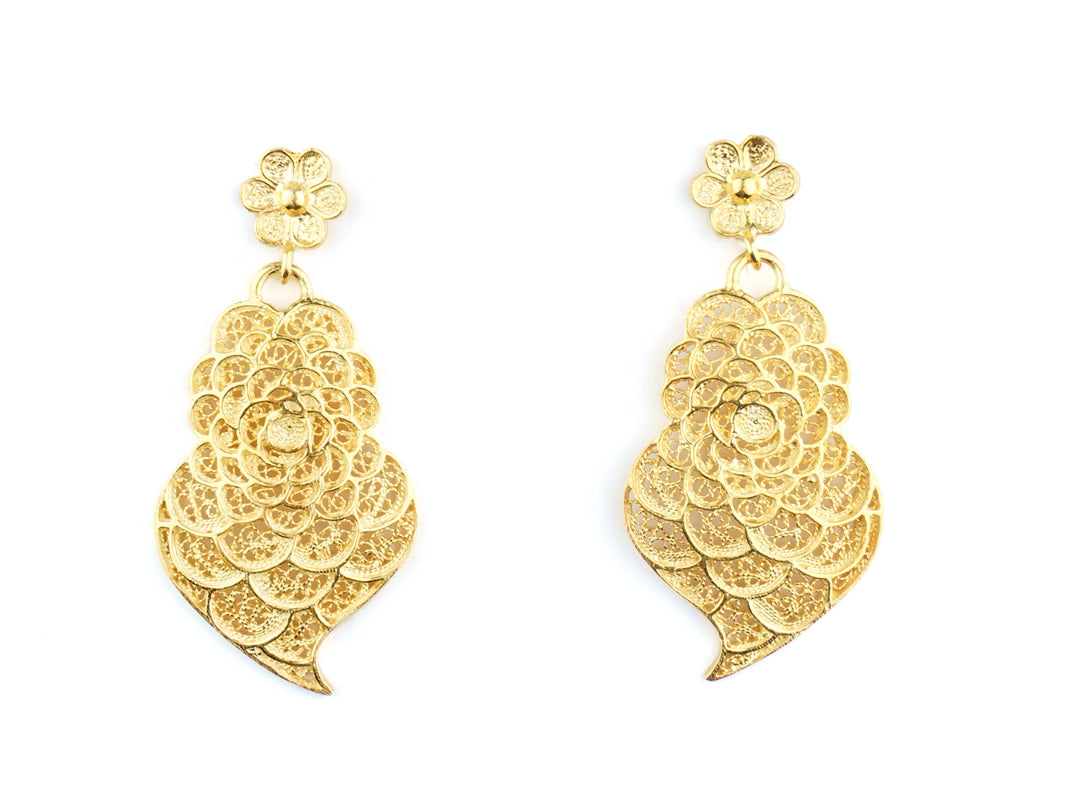 Brincos Coração Pétalas, Filigrana Portuguesa, Prata de Lei 925 Dourada - Vista de Frente