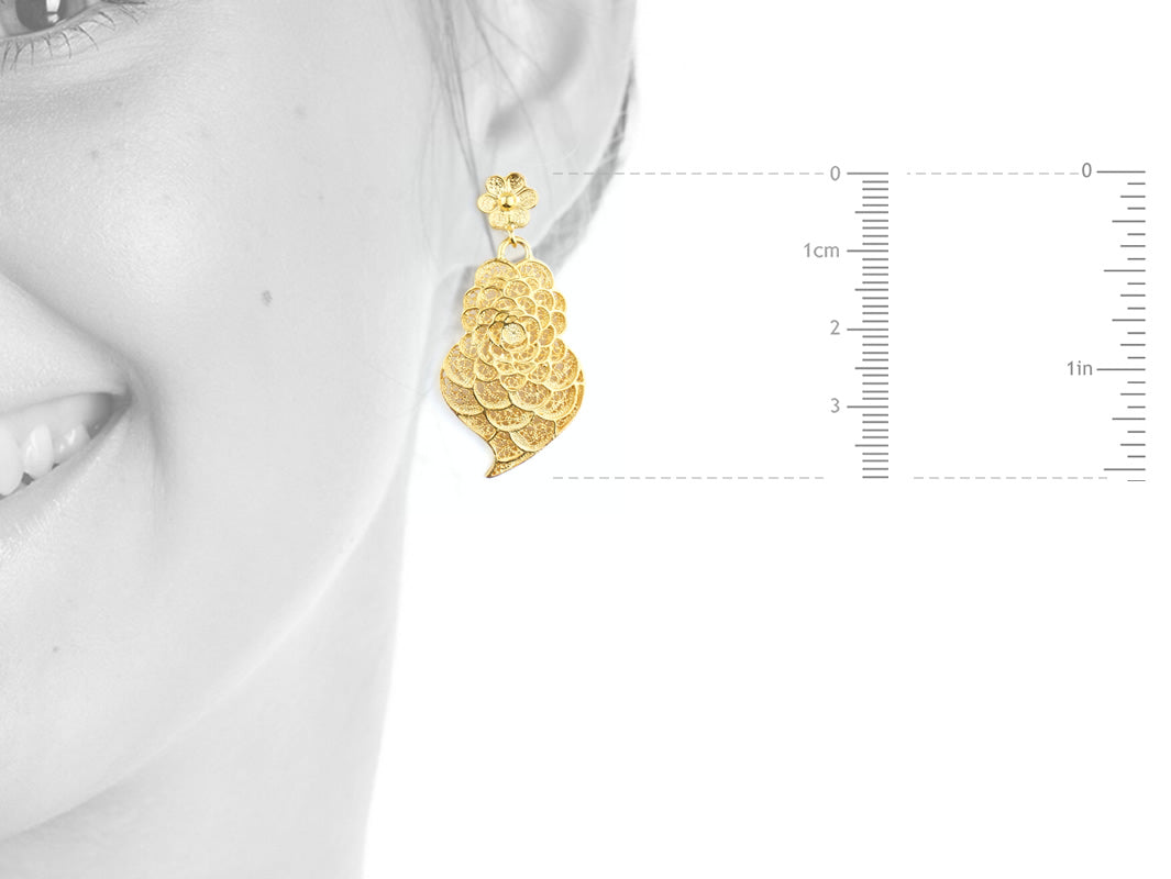 Brincos Coração Pétalas, Filigrana Portuguesa, Prata de Lei 925 Dourada - Medidas