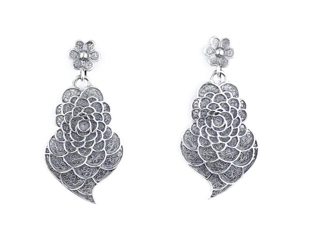 Brincos Coração Pétalas, Filigrana Portuguesa, Prata de Lei 925 - Vista de Frente
