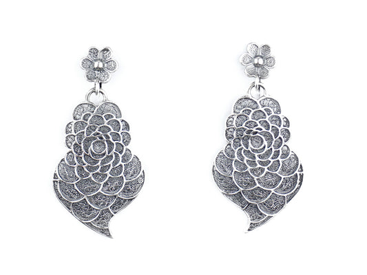 Brincos Coração Pétalas, Filigrana Portuguesa, Prata de Lei 925 - Vista de Frente