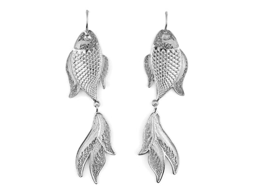 Brincos Peixes Compridos, Filigrana Portuguesa, Prata de Lei 925